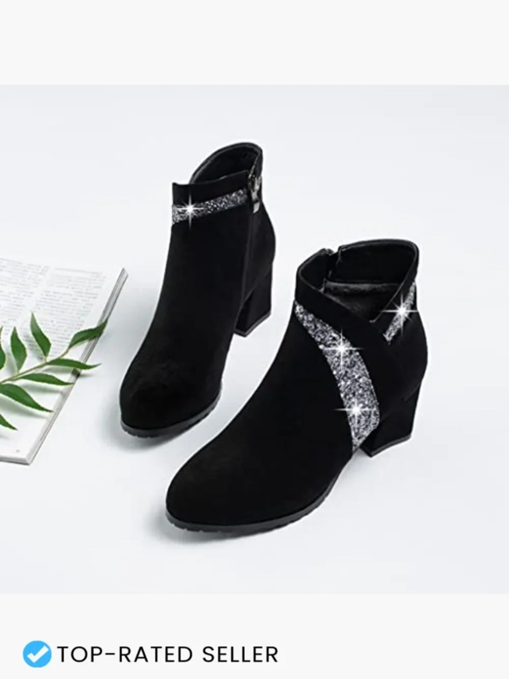 Glitter Chunky Heel Ankle Booties Side Zip Round Toe Dressy Short Boots